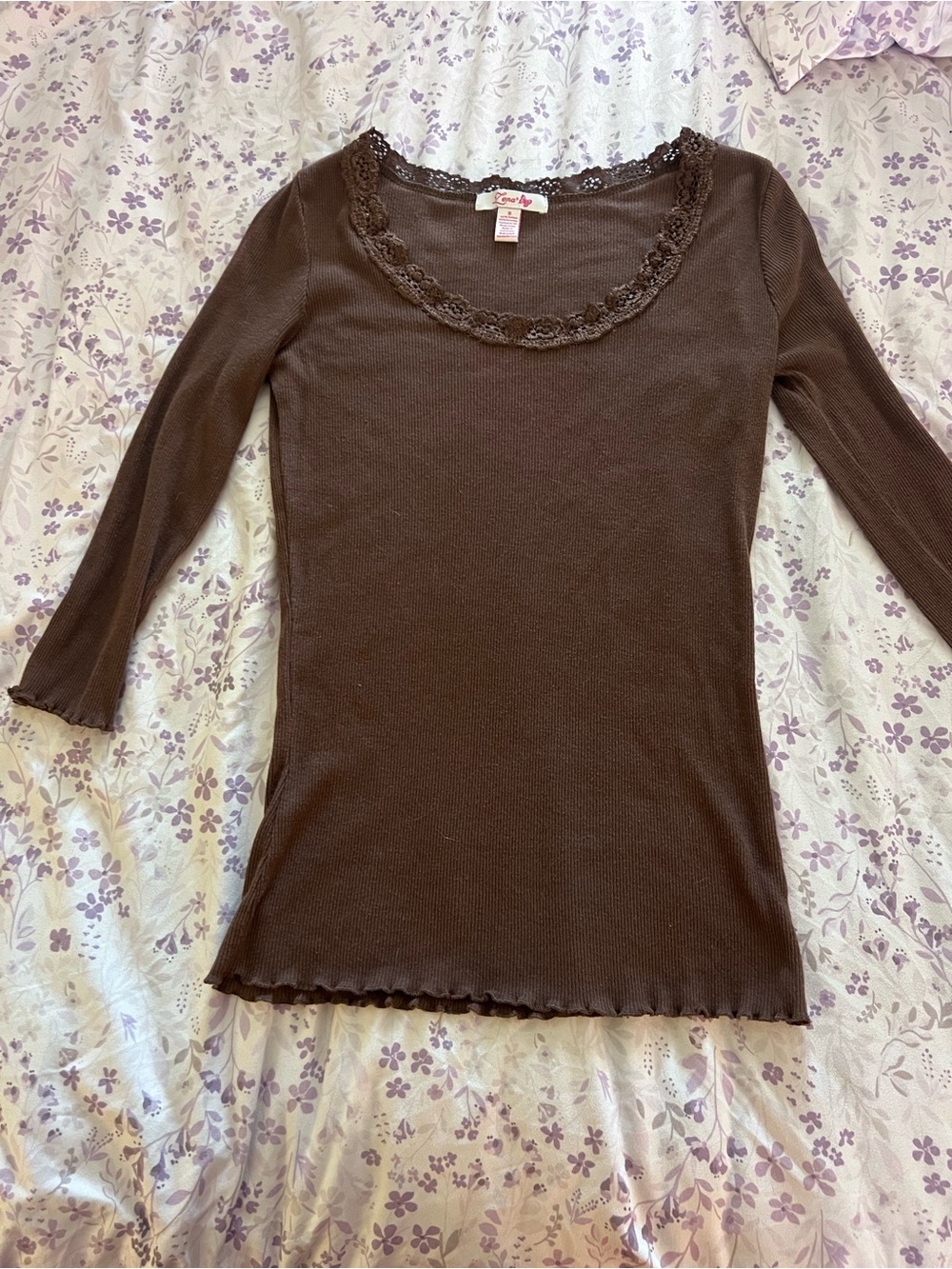 Zena Brown Lace-Trim Long Sleeve Scoop Neck Tee